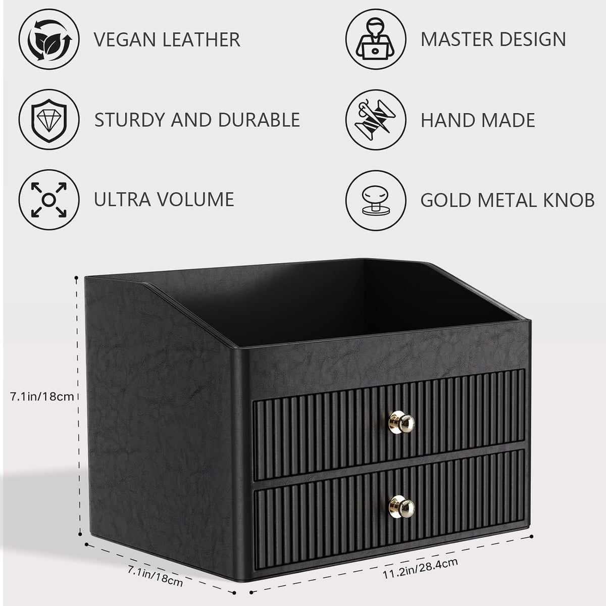 LADSTAG Office Supplies,Black Vegan Leather Office Organization with 2 Drawers & Tray,Glasses Holder with Gold-Tone Metal Accents Knob for End Tables,Bedside Table,Bedroom
