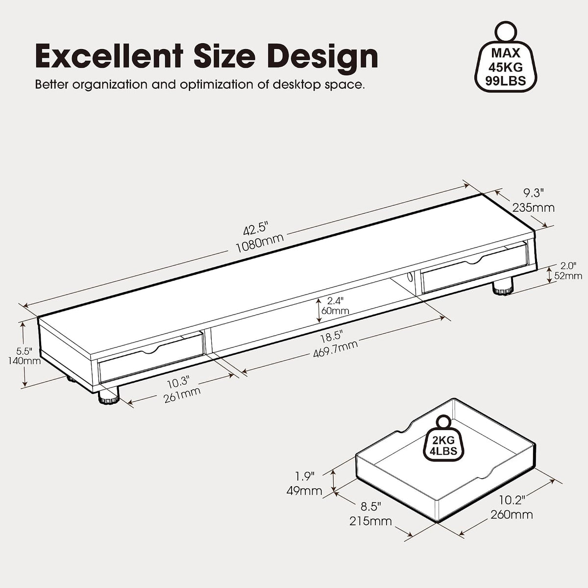 Fenge Dual Monitor Riser with 2 Drawers, 42.5in Long Desk Shelf, Brown