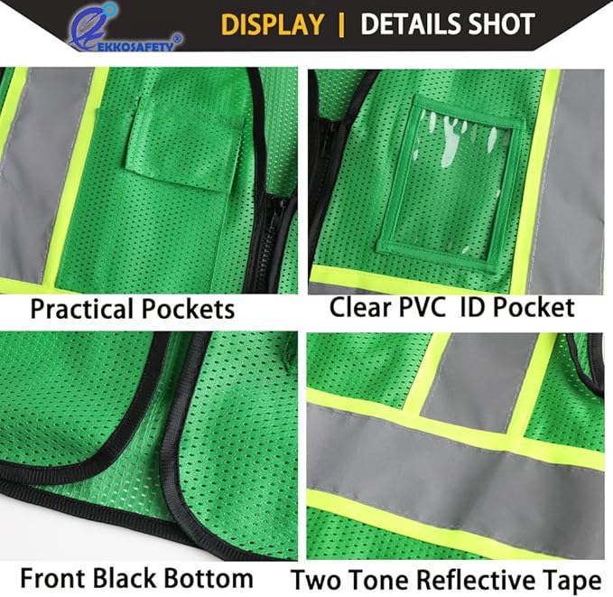 Reflective Mesh Safety Vest for Men Women with 5 Pockets and Zipper Front High Visibility Mesh Vest Hi Vis Construction Work Vest,Meets ANSI/ISEA Standards(EK175-Green-2XL)