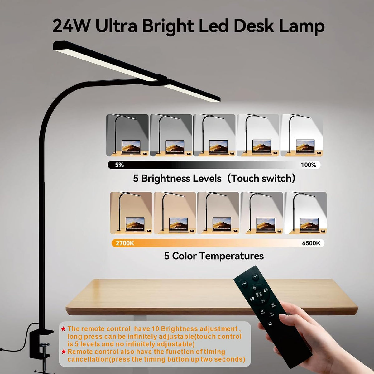 LED Desk Lamp for Home Office, Eye Caring Architect Desk Light with Clamp,50 Lighting Models,Remote and Touch Control,24W 2000LM,Memory Function and Timer for Study, Reading,Workbench Black