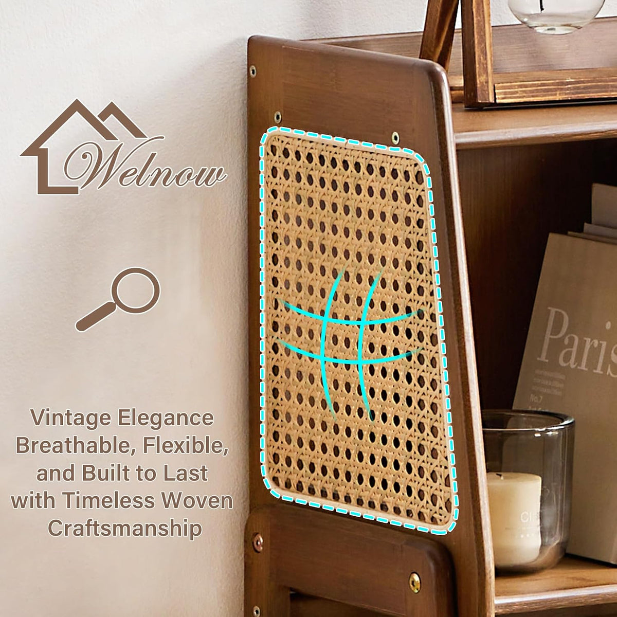 Welnow Bamboo Rattan Bookcase with Cabinet，4-Tier Wicker Bookshelf,Walnut