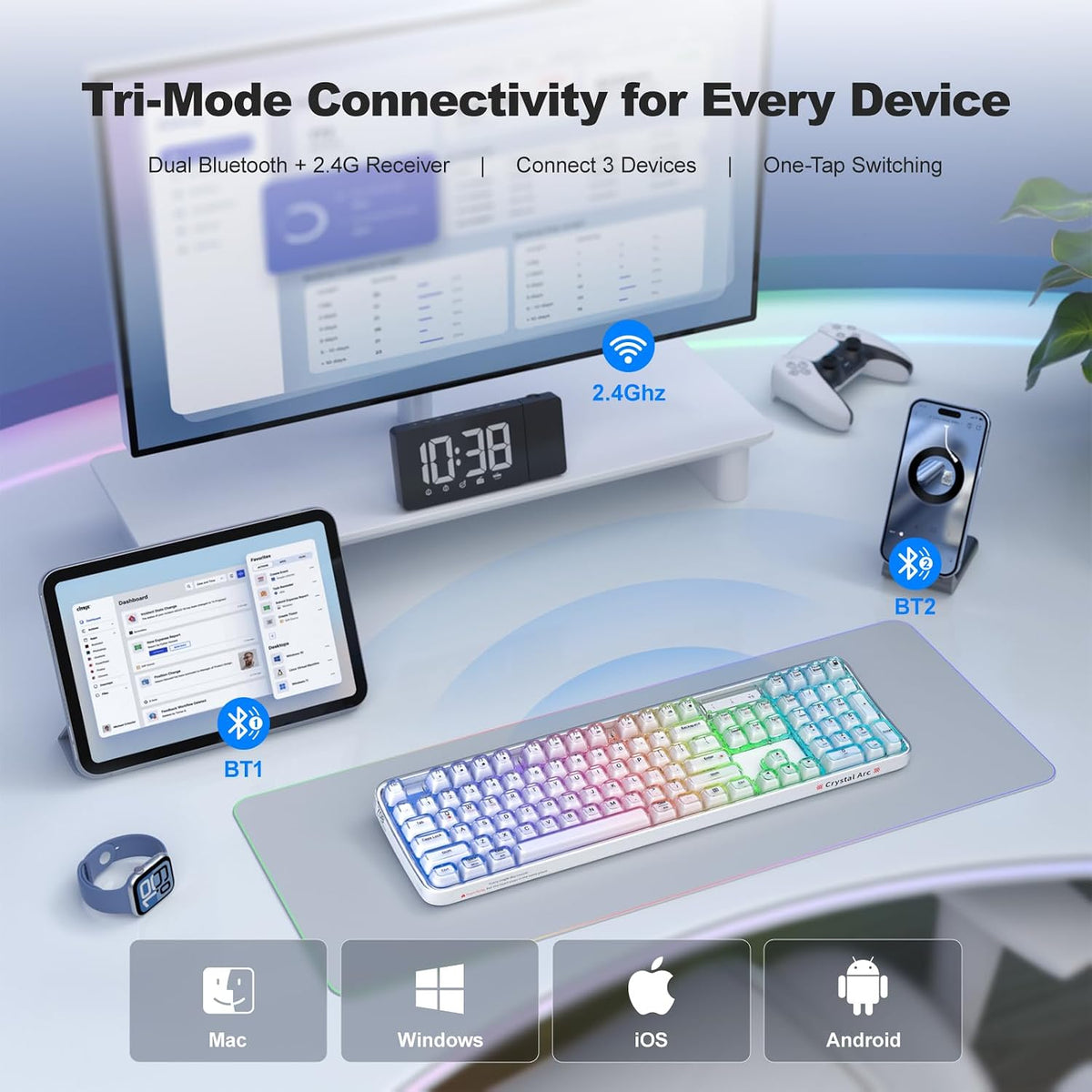 MOFII Wireless Computer Keyboard with RGB Backlit, Tri-Mode Bluetooth 5.0/USB-C/2.4GHz Gaming Keyboard, Full Size Layout, Ergonomic Curved Design for Windows Mac PC Gamers & Office