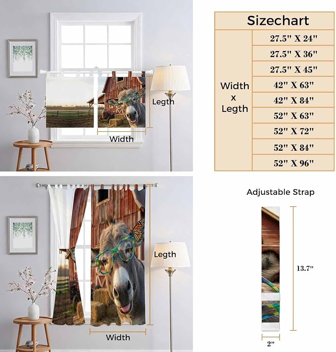Farm Donkeys Living Room Curtains 84 Inch Length, Window Curtains Tab Top