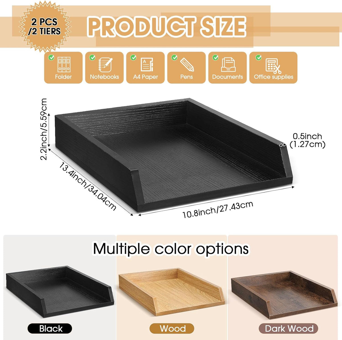 DoubleFill 2 Pcs Wooden Letter Tray 2 Tier Letter-Size Desk Tray, Black