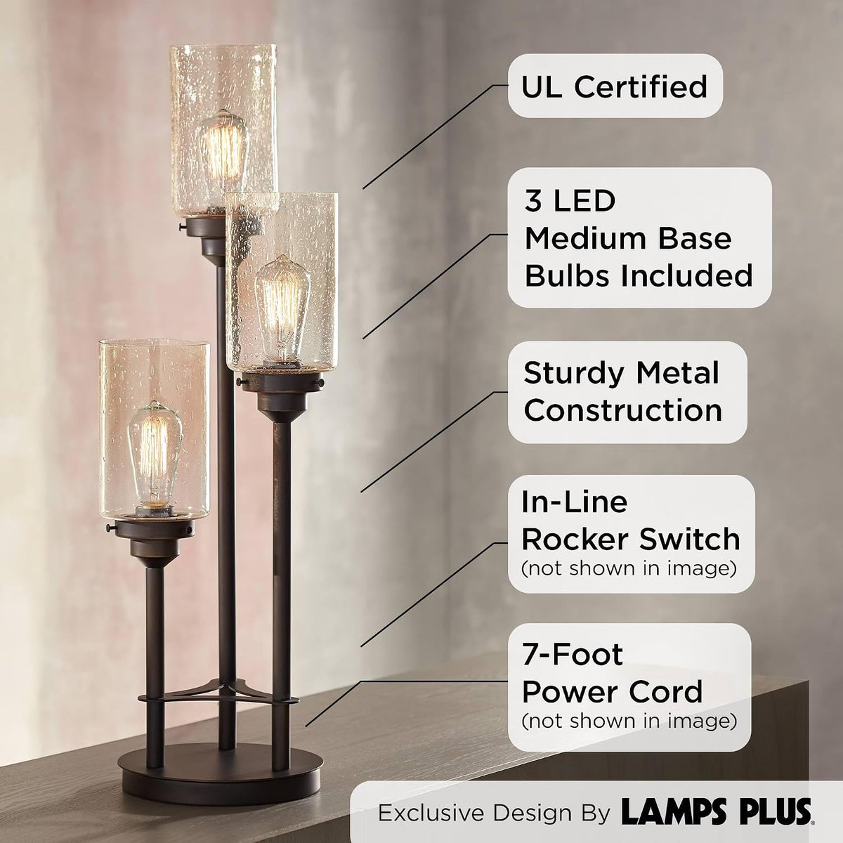 Libby 30" Large Table Lamp Edison Bulb LED Bronze Seeded Metal Glass