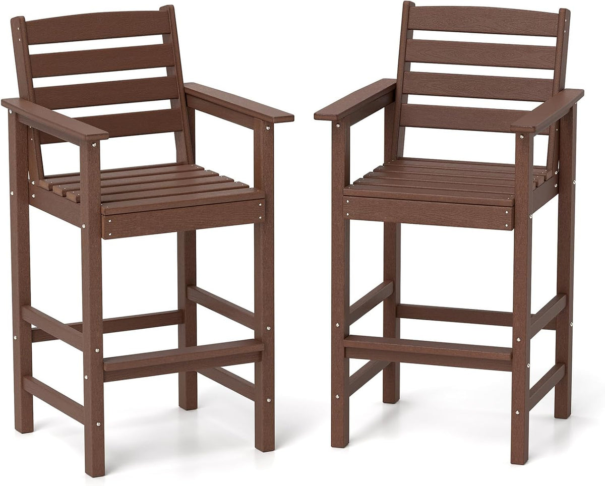 Tangkula Patio Adirondack Chairs Set of 2, HDPE Bar Height Chair with Wide Armrests & Footrest, Outdoor High-Top Slatted Bar Chairs with Backrest for Backyard, Lawn, Poolside (Brown)