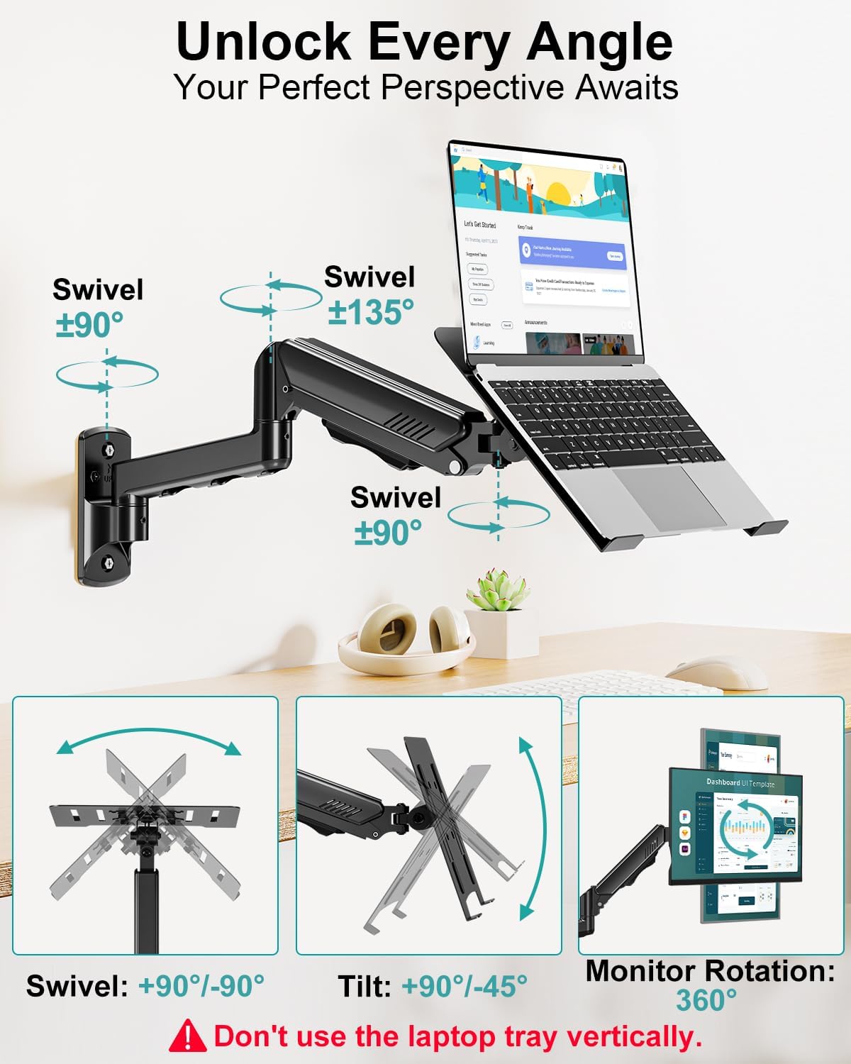 MOUNT PRO Laptop Wall Mount, 2-in-1 Monitor Wall Mount with Vented Tray for 11-17" Notebook/13-32 Computer Screen, Full Motion Adjustable Laptop Holder Stand, Laptop Arm Holds 4.4-19.8 lbs