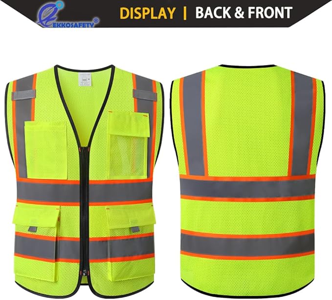 Reflective Safety Vest for Men Women with 9 Pockets and Zipper Front Class 2 High Visibility Mesh Work Vest Hi Vis Construction Vest,Meets ANSI/ISEA Standards(EK176-Yellow-2XL)