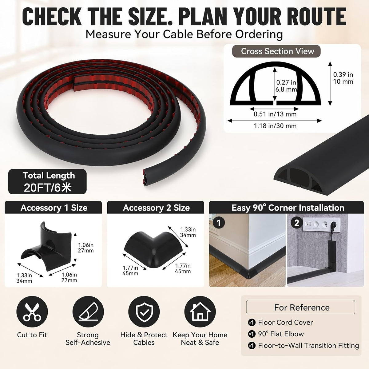 Floor Cord Cover Self Adhesive Cord Hider, Cable Management, Extension Strip Protector for Wires (Black, 1.18" x 20')