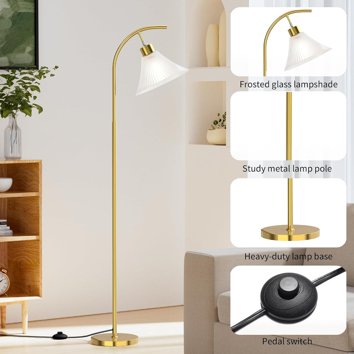 SIBRILLE Gold Floor Lamp with Remote, Dimmable Glass Arc Standing Lamp, Ribbed Frosted Glass Shade, 3 Color Temperatures, Foot Switch, 9W LED Bulb for Living Room Bedroom Office