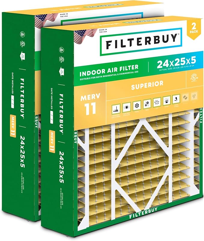 Filterbuy 24x25x5 Air Filter MERV 11 Superior Pet & Allergy Defense,
