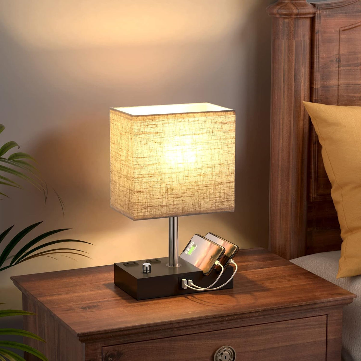 Beige Table Lamp for Bedroom - Stepless Dimmable, USB C+A, 2 AC Outlets