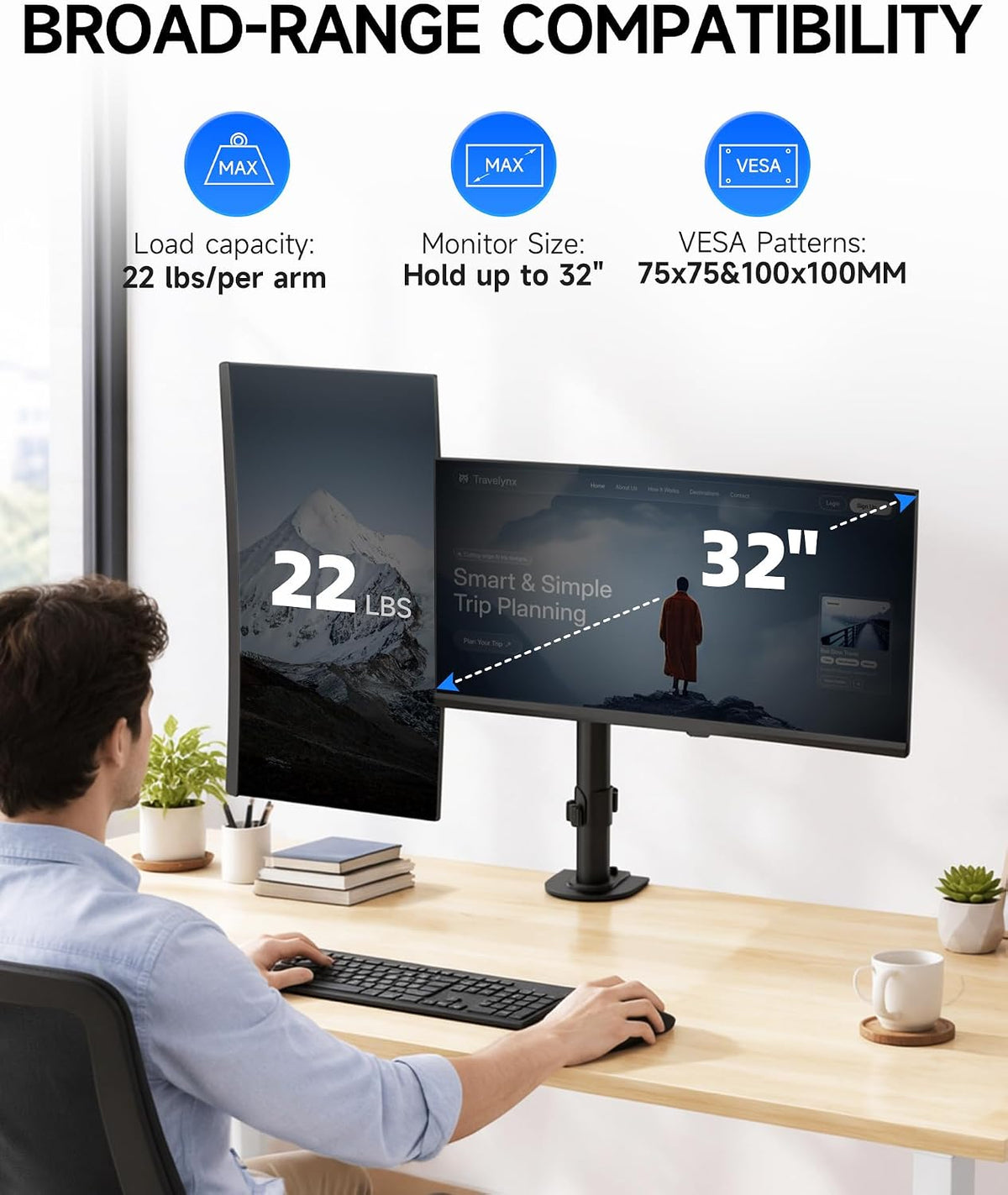 Suptek Dual Monitor Stand, Adjustable Dual Monitor Desk Mount for 2 Computer Screens up to 32 inch, Dual Monitor Arm, Holds up to 22 lbs Each, VESA 75x75/100x100 mm, Black (MD9442)