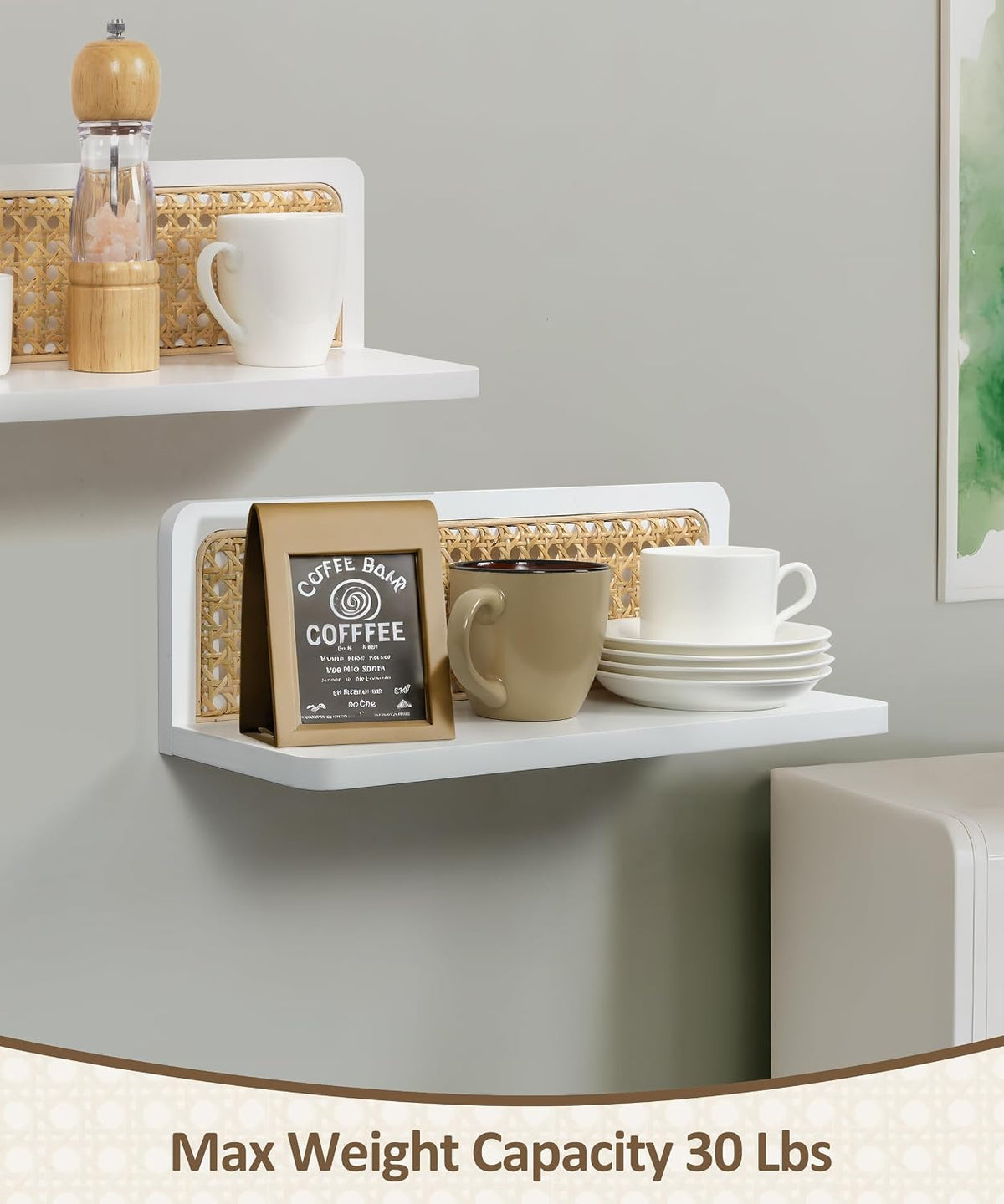 Maxpeuvon Rattan Floating Shelves for Wall Set of 2, White Wall Shelves