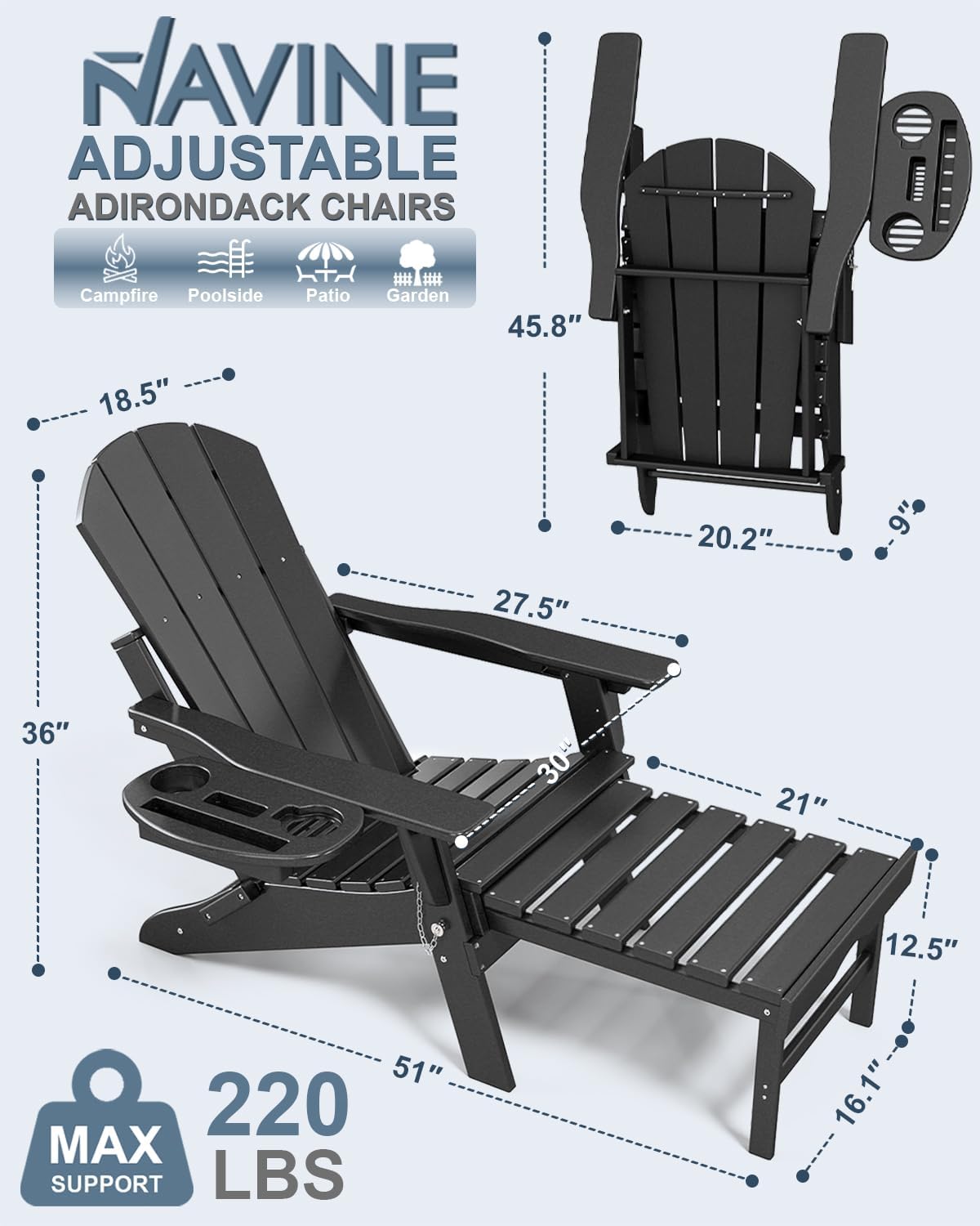 NAVINE Adjustable Adirondack Chair Set of 2 with Retractable Ottoman, Black