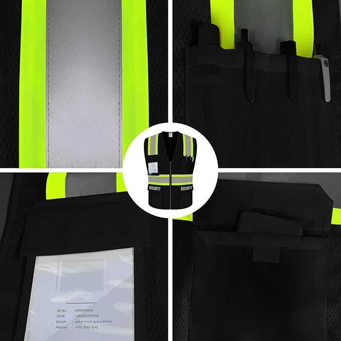 Security Vest for Men Women, Reflective Safety Vest with Pockets, Hi Vis Work Wear with Zipper, High Visibility Apparel, ANSI Compliant, Black, 5XL