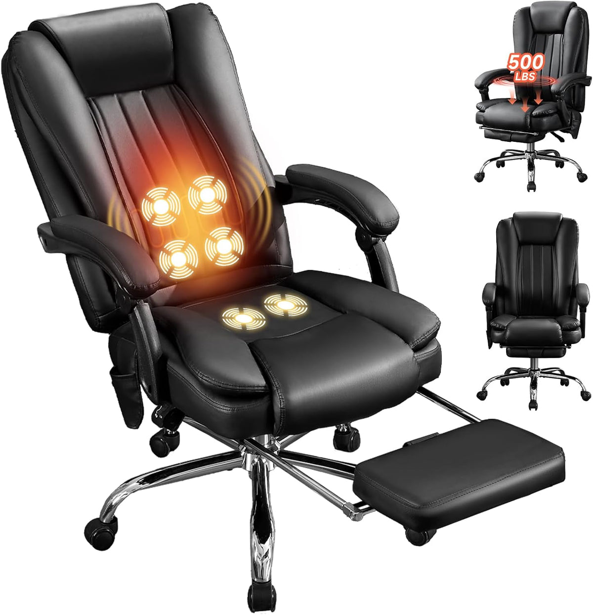 Big and Tall Massage Office Chair 500lbs, Heated Reclining Desk Chair