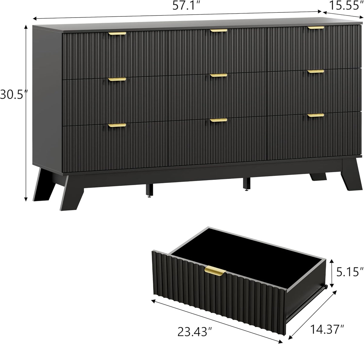Wodeer 9 Drawer Fluted Dresser for Bedroom, Mid Century Modern Dresser with 9 Drawers, Dressers & Chests of Drawers with Metal Handle, TV Stand & Storage Organizer for Entryway, Hallway, Black