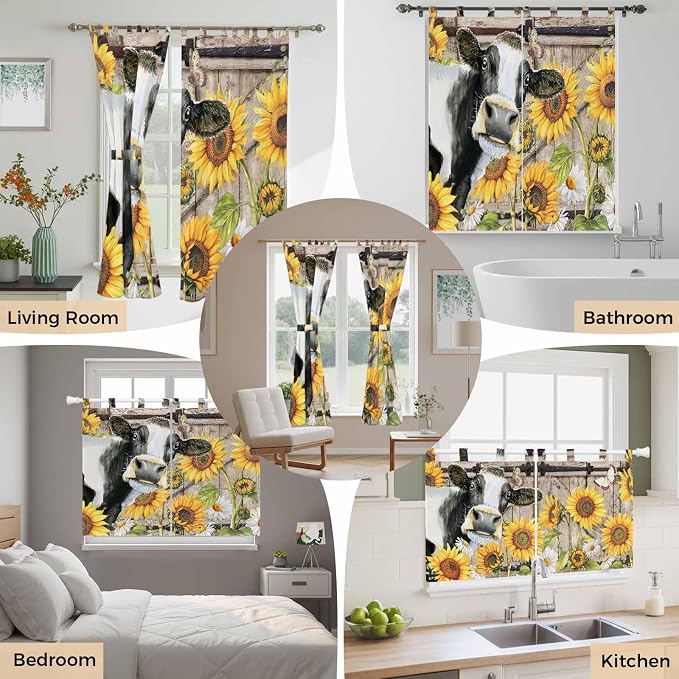 Retro Farmhouse Flower Bathroom Curtains 63 Inch Length, Window Curtains Tab Top