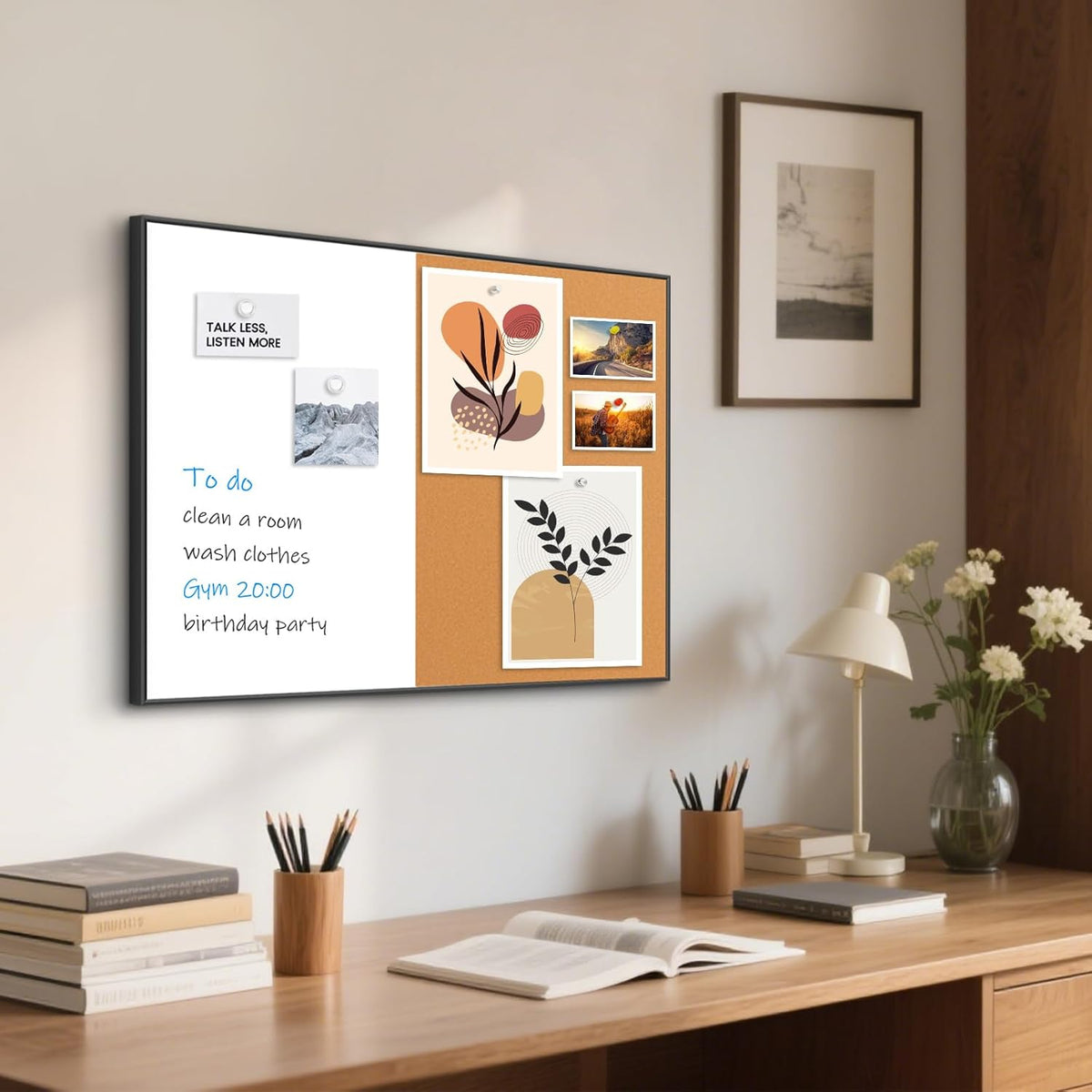Magnetic Dry Erase White Board & Cork Board Combo, 24"x18", Wall Mounted