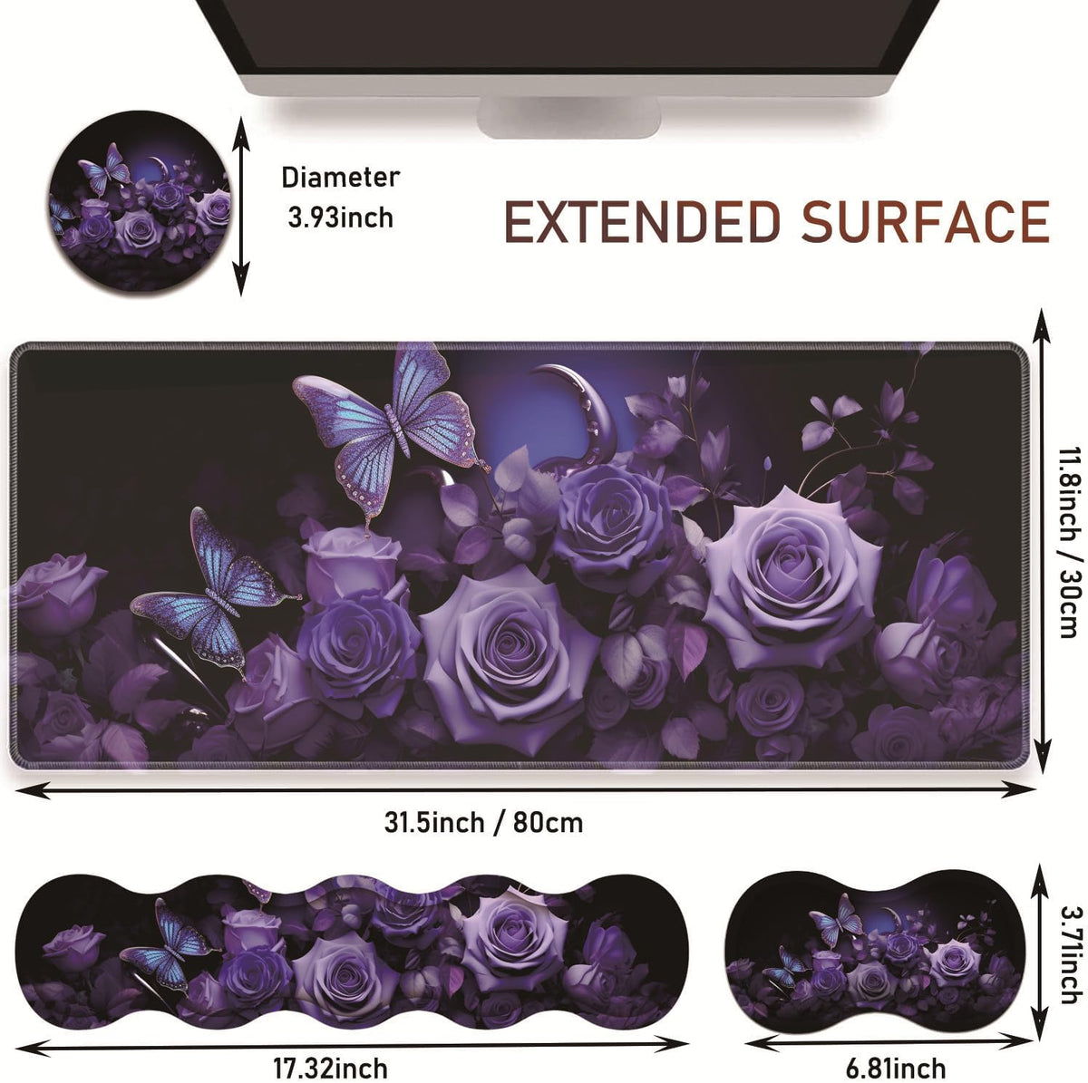 Large Gaming Table Pad 31.5 "x 11.8" + Keyboard Wrist Pad + Mouse Wrist Pad + Coaster Non-Slip Base 4-in-1 Set, Ergonomic Memory Foam, Easy Typing Pain Relief, Purple Roses and Butterflies