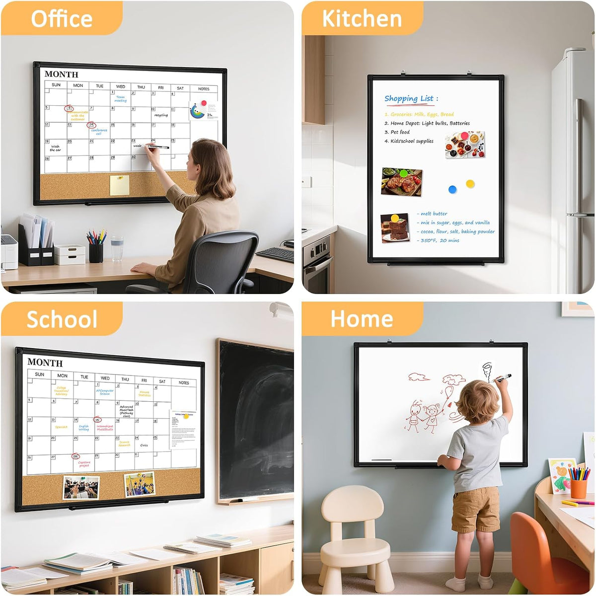 Monthly Dry Erase Calendar Whiteboard with Corkboard, 36" x 24", Black