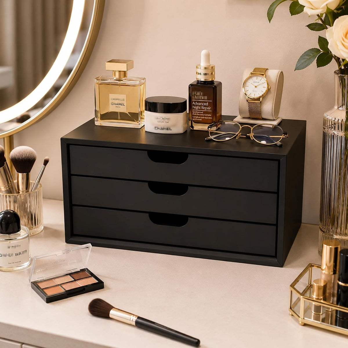 LitaEther Desk Organizer with 3 Drawers, ALEX Drawer Unit, Chic Black Wood Cosmetic Makeup Organizer for Office Vanity Tabletop Storage 13.8"X 6"X10.2"