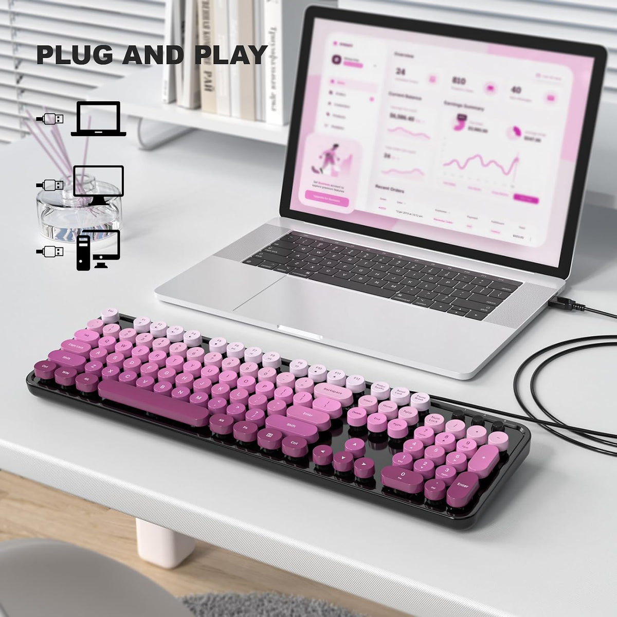 MOFII Computer Keyboards Wired, Plug Play USB Full Size Typewriter Keyboard, Cute Colorful Aesthetic Keyboard with Foldable Stands for Windows PC Laptop (Black Pink Gradient)