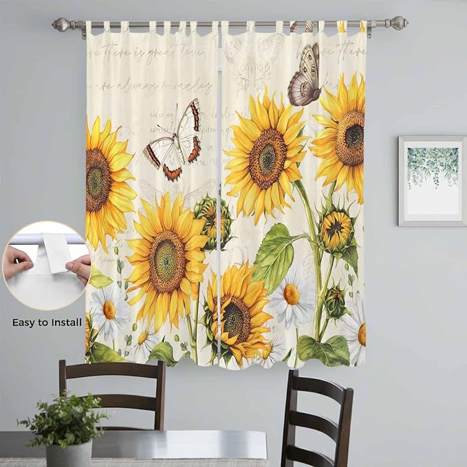 Farm Sunflowers Living Room Curtains 96 Inch Length, Window Curtains Tab Top