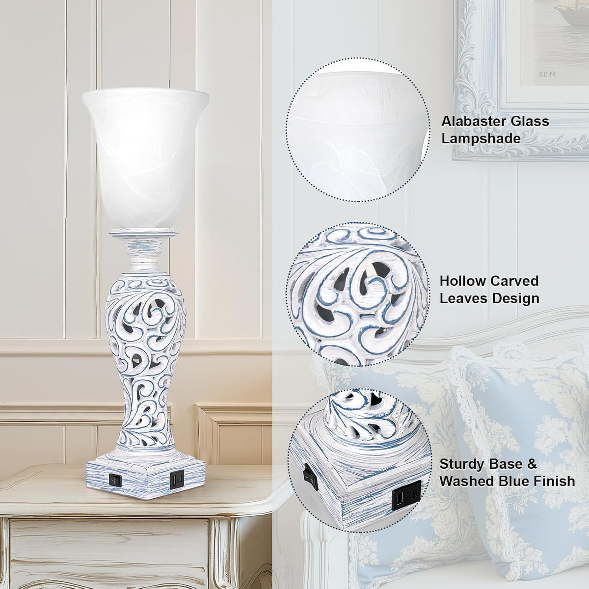 3-Way Dimmable Table Lamp with 2 USB Charging Ports, Washed Blue Finish