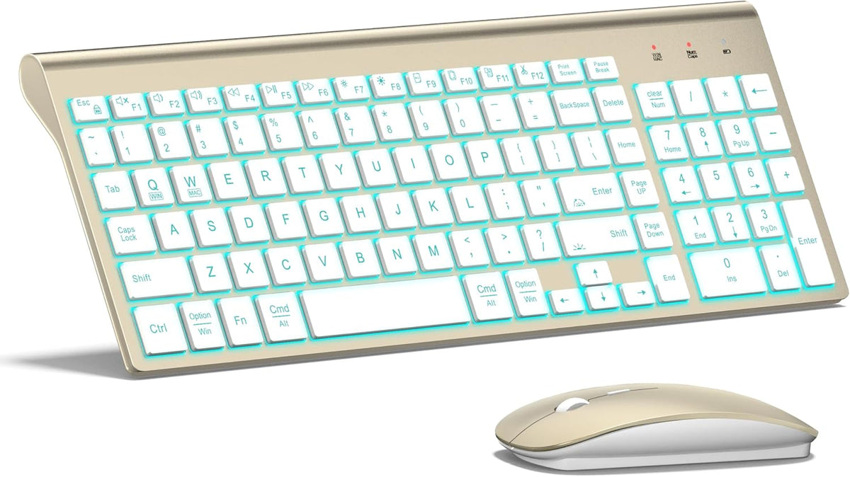 Wireless Backlit Keyboard and Mouse Ultra Slim Combo, TopMate - Gold White