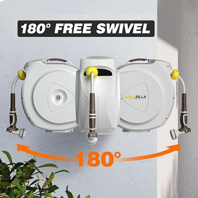 Retractable Garden Hose Reel, 5/8 in 65+6 ft, Heavy Duty Wall Mounted Water Hose Reel, Spring Power Automatic Rewind, Any Length Lock, 180° Swivel Bracket, 10 Pattern Spray Nozzle