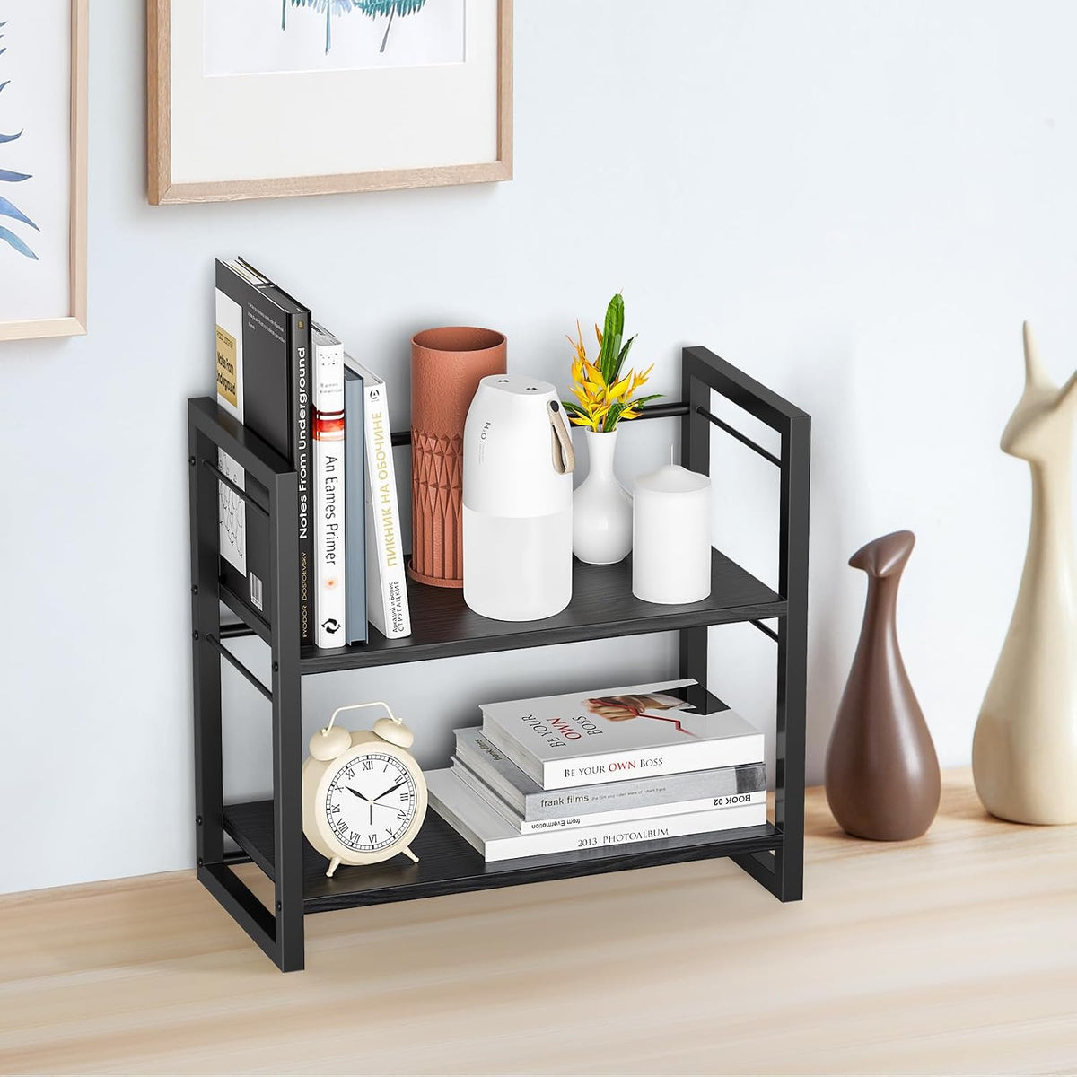 Office Desk Shelf Organizer, Wood Desktop Bookshelf Supplies Storage Rack, Shelf for Top of Desk and Dresser (Pure Black-2 Tier)