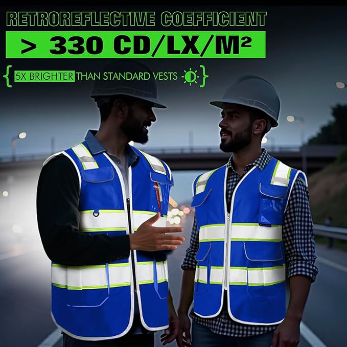 BeautyWill 5Pack Custom Logo Safety Vest 8 Pockets Class2 ANSI Certified High Visibility Reflective Vest for Men - Personalized Logo Heavy-Duty Work Vest（Blue，S）