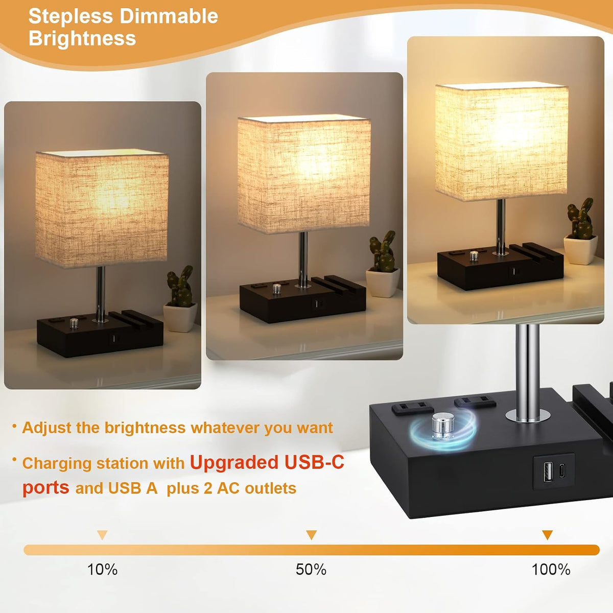 Beige Table Lamp for Bedroom - Stepless Dimmable, USB C+A, 2 AC Outlets