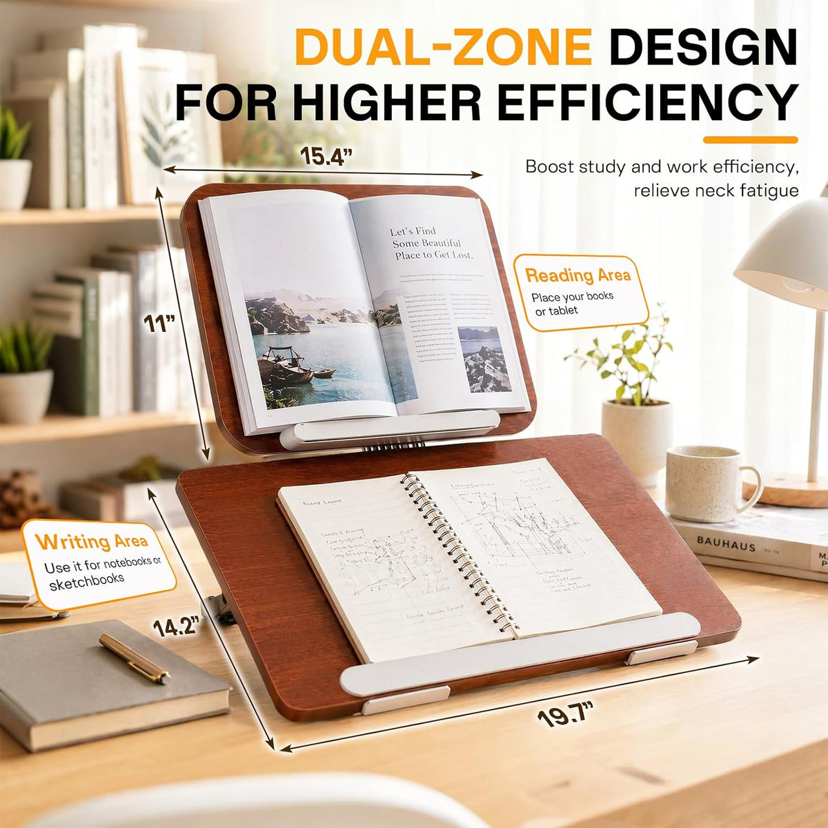 20" x 14" Bamboo Slant Writing Board, Double-Layer Book Stand with 13 Angles, Hands-Free Desk Reading Holder for Students & Office