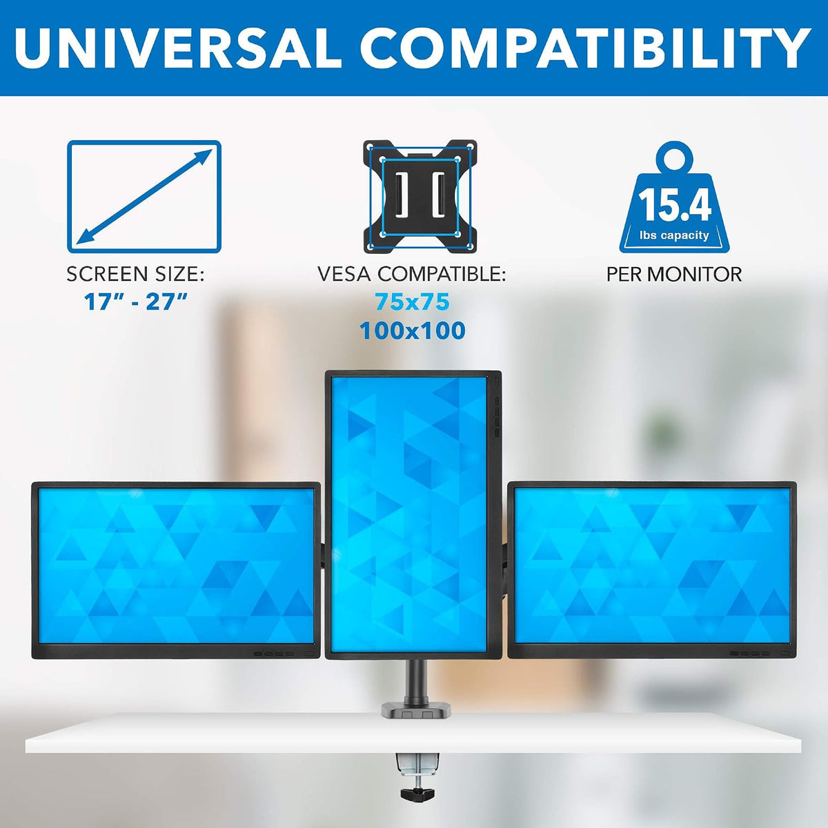 Mount-It! Triple Monitor Desk Mount with Full Motion Arms, 3 Monitor Riser with Gas Spring Arms for 27" Max Computer Screens, Sturdy Dual Clamp Base, Black