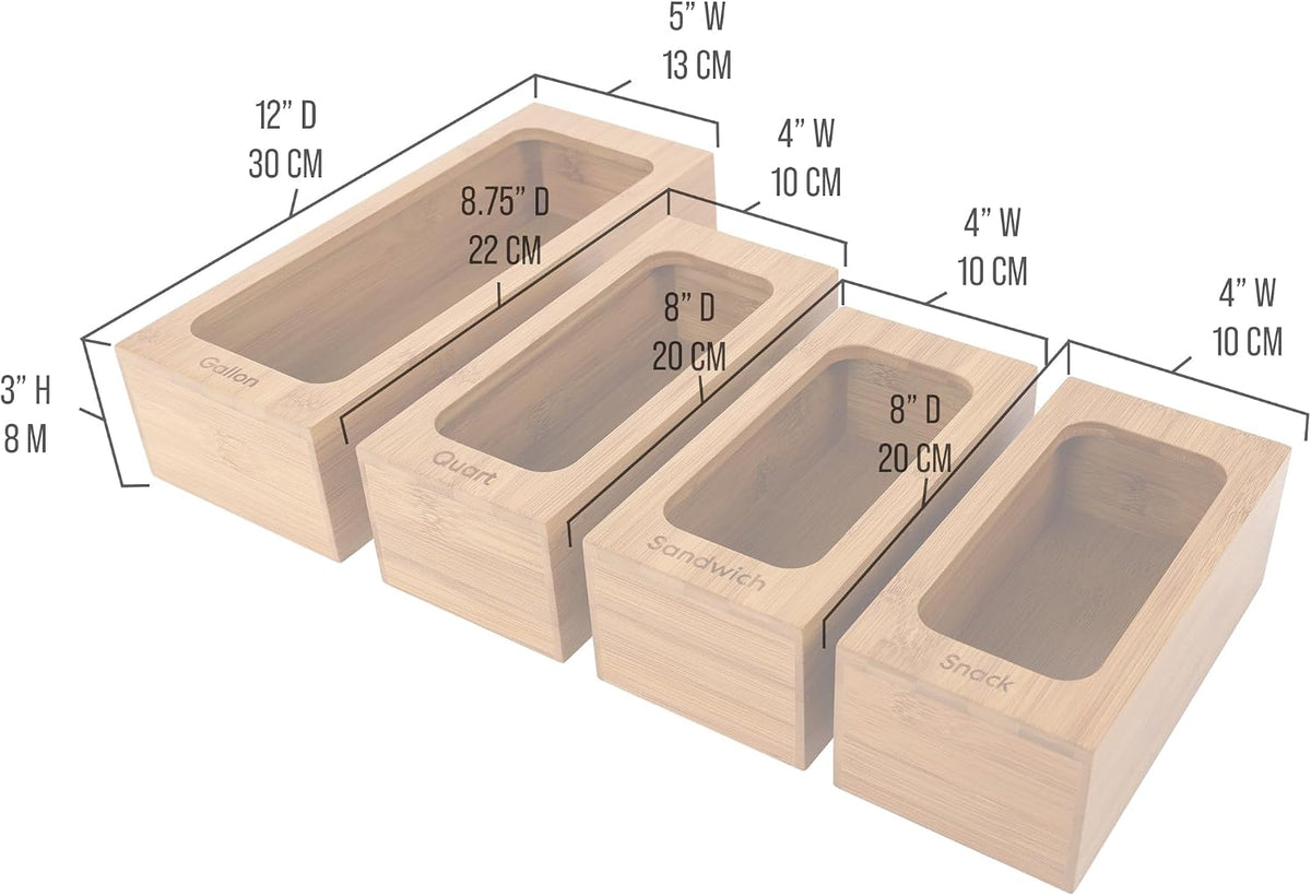 Seville Classics Bamboo Premium Organizer Storage Bins for Kitchen Silverware, Pantry, Closet, Office Desk, Pens, Utensils, Makeup, K Cup, Bamboo, Bag Holder Bin Set (4 Piece)