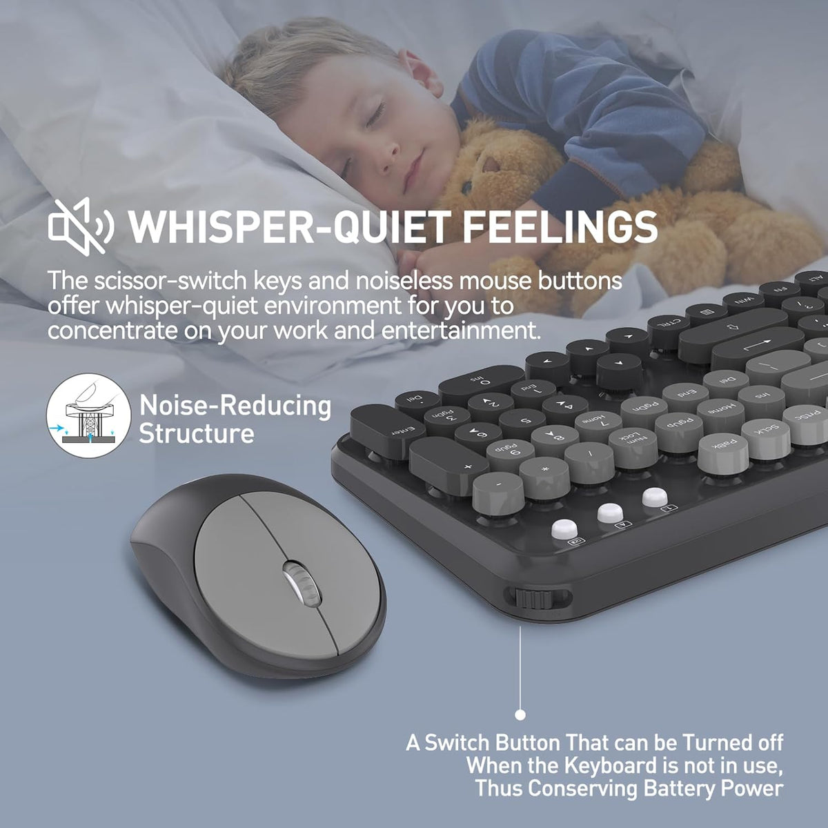 Wireless Keyboard and Mouse Combo,Retro Typewriter Bubble Keys,Black Grey