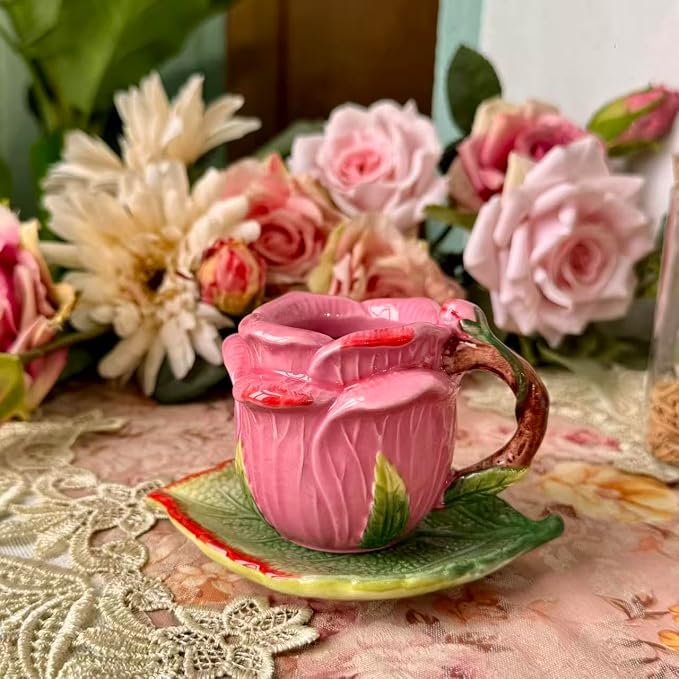 Ceramic Rose Tea Pot Set, 3D Hand-painted Rose Red Flower Cup and Green Leaves
