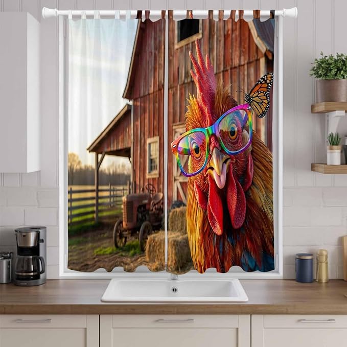 Farm Rooster Living Room Curtains 96 Inch Length, Window Curtains Tab Top
