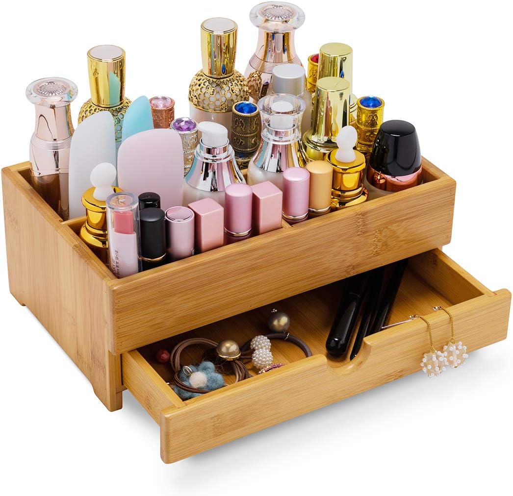 GOBAM Bamboo Makeup Organizers and Storage with Drawer - Wooden Cosmetic Organizer Countertop for Bathroom, Bedroom, Closet, Kitchen, Vanity & Dresser - Make up Vanity Station