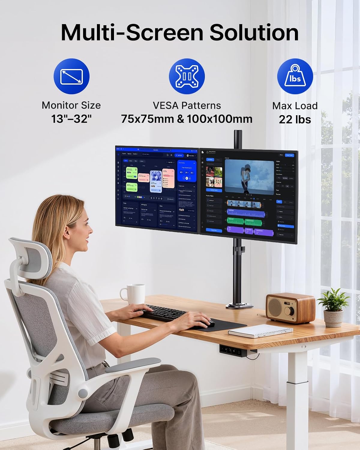 HUANUO Dual Monitor Stand for 13-32 Inch Screens, Tall Pole Desk Mount,Larger Base, Ideal for Sit-Stand Workstations, 22 lbs per Arm, VESA 75x75/100x100mm, Tilt Swivel Rotation, Cable Management