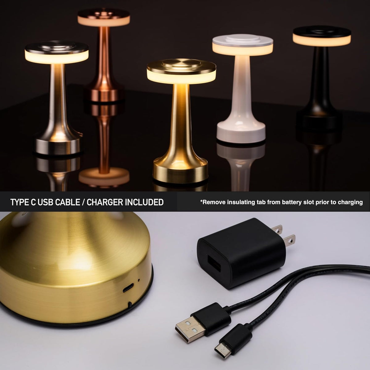 O'Bright Dome Cordless Rechargeable LED Mushroom Table Lamp, Gold