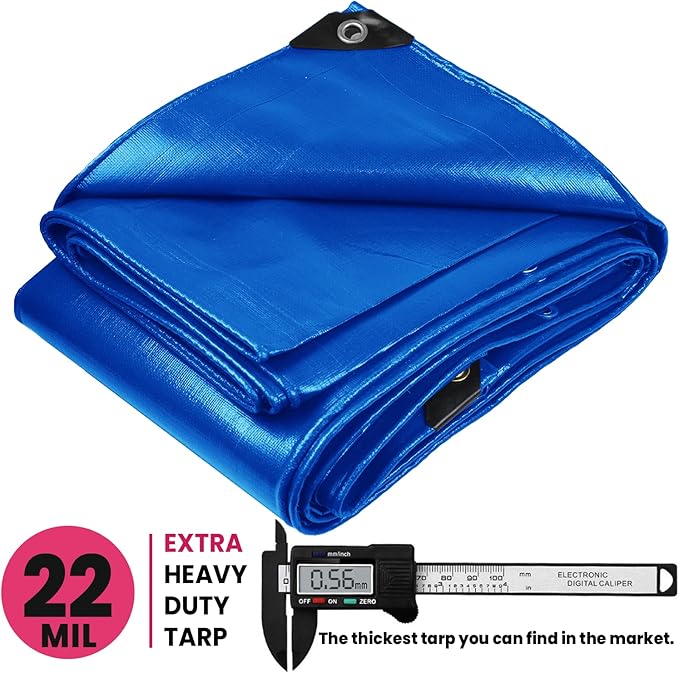 PROTARP Extreme Heavy Duty 22 Mil Tarp Cover, Waterproof, UV Resistant, Rip and Tear Proof, Poly Tarpaulin with Reinforced Edges for Roof, Camping, Patio, Pool, Boat. (Blue 24′ X 24′)