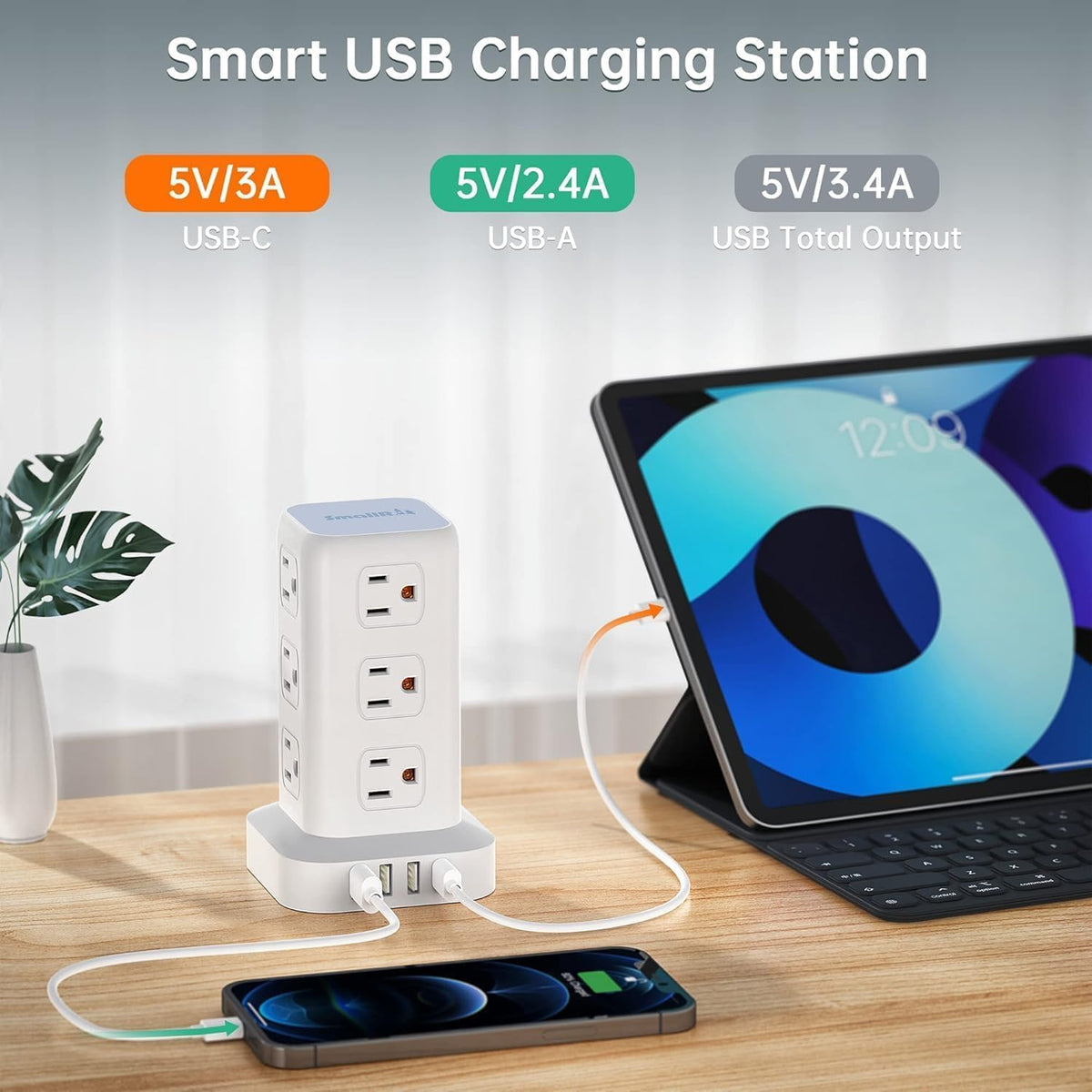 Power Strip with 12 Outlets 4 USB (1 USB C), 10Feet Extension Cord with Multiple Outlets, Charging Station, Power Strip Tower, Home Office Desk Supplies