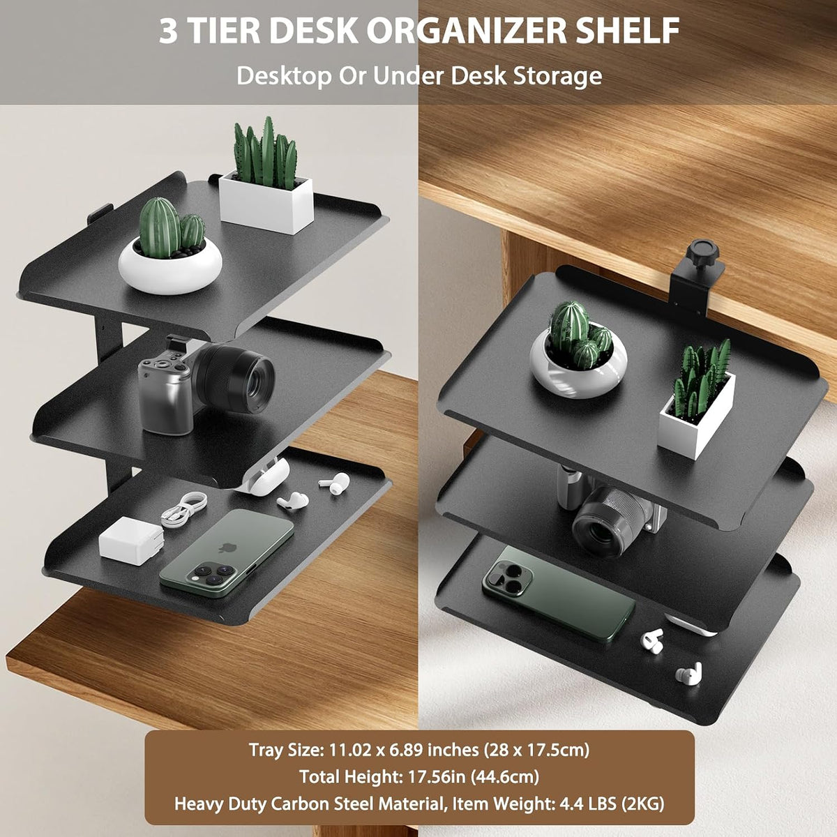 3 Tier Clamp On Desk Shelf, No Drill Desk Extension Shelving Unit with Adjustable Metal Trays & Headphone Stand Above or Under Desk Storage, Heavy Duty Desktop Storage Rack for Home Office