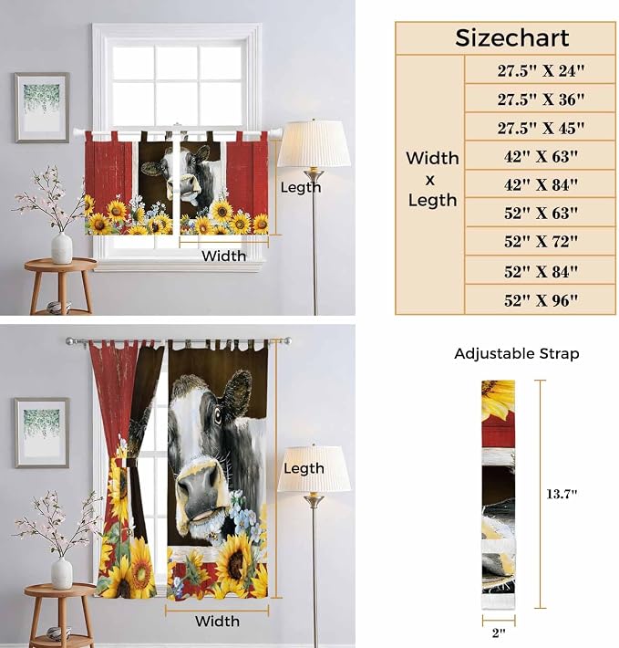 Cows Sunflowers Kitchen Curtains 36 Inch Length, Small Window Curtains Tab Top