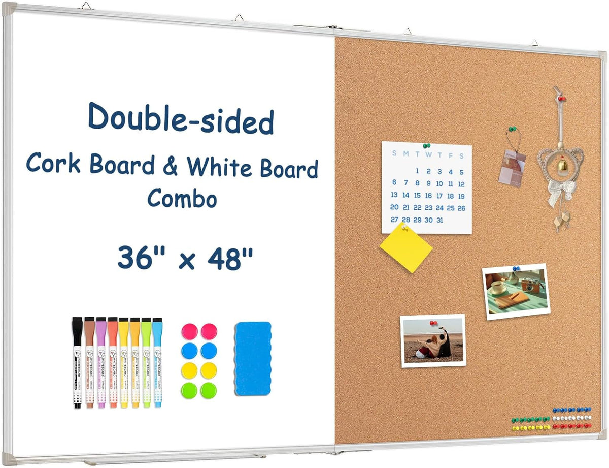 Large White Board Dry Erase Foldable Cork Board Combo 48x36 for Wall