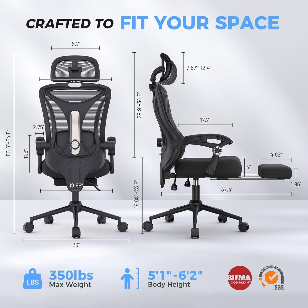 CYKOV Ergonomic Office Chair with Footrest, Reclining Mesh Back, 350 Lbs (Ink Black)
